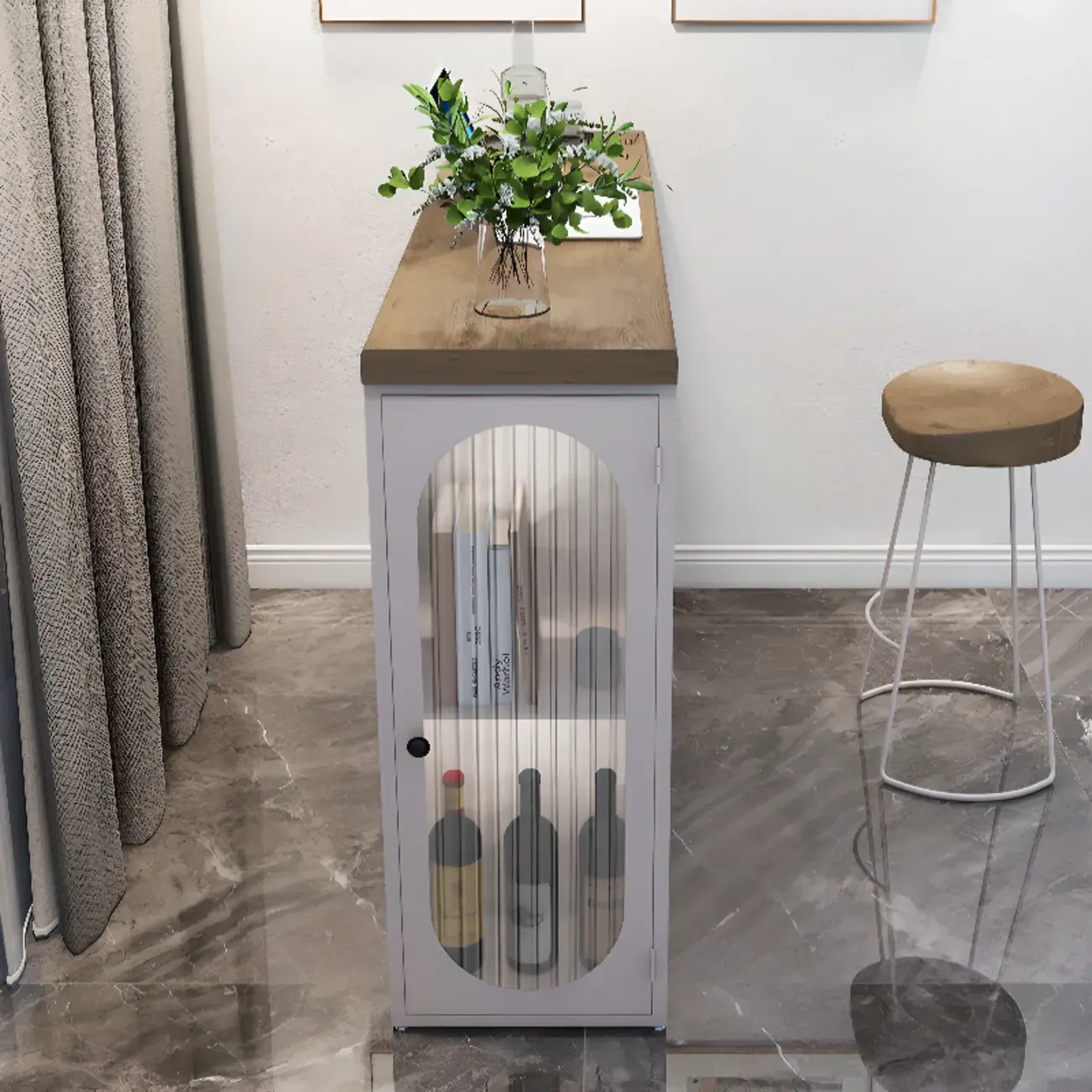 Modern Natural Wood Bar Table Metal Base with Side Cabinet