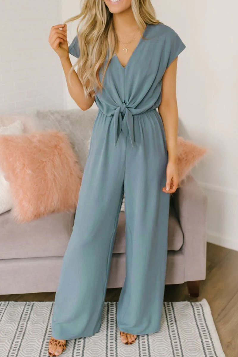hulianfu Fashion Street Solid Backless V Neck Loose Jumpsuits - Deanwangkt