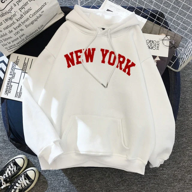 Female Thicken Warm Hoodies Lady Autumn Tops NEW Sweatshirts Velvet Winter Women's NEW YORK Printing Hooded Hoodies - Deanwangkt
