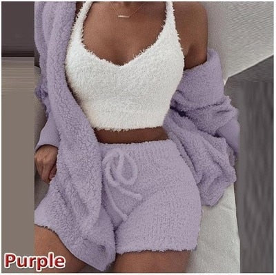 Three Piece Sexy Fluffy Outfits Plush Velvet Hooded Cardigan Coat+Shorts+Crop Top Women Tracksuit Sets Casual Sports Sweatshirt - Deanwangkt