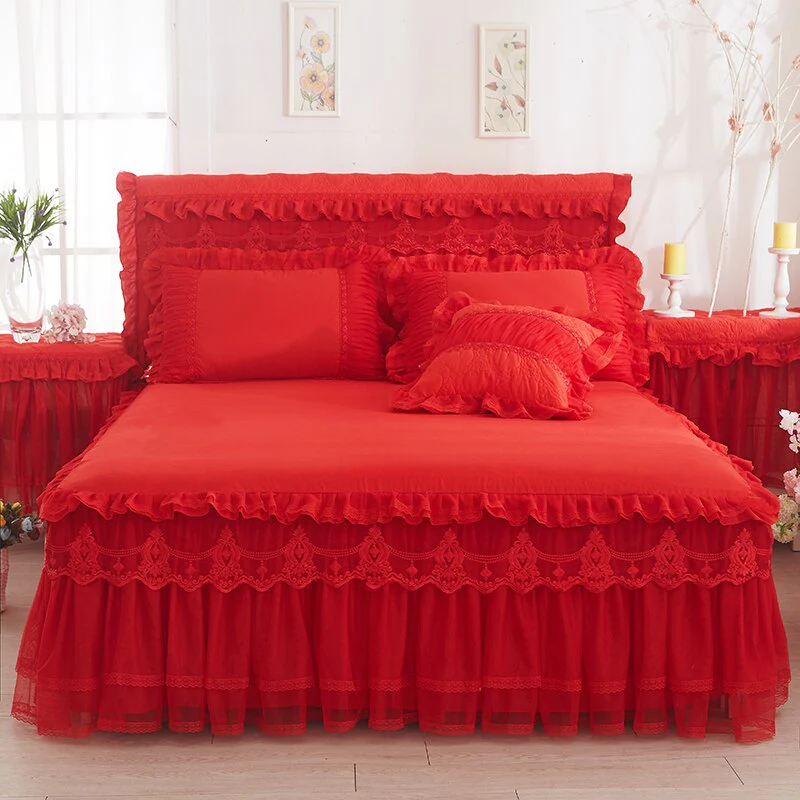 HULIANFU  1 Piece Lace Bed Skirt +2pieces Pillowcases bedding set Princess Bedding Bedspreads sheet Bed For Girl bed Cover King/Queen size - Deanwangkt