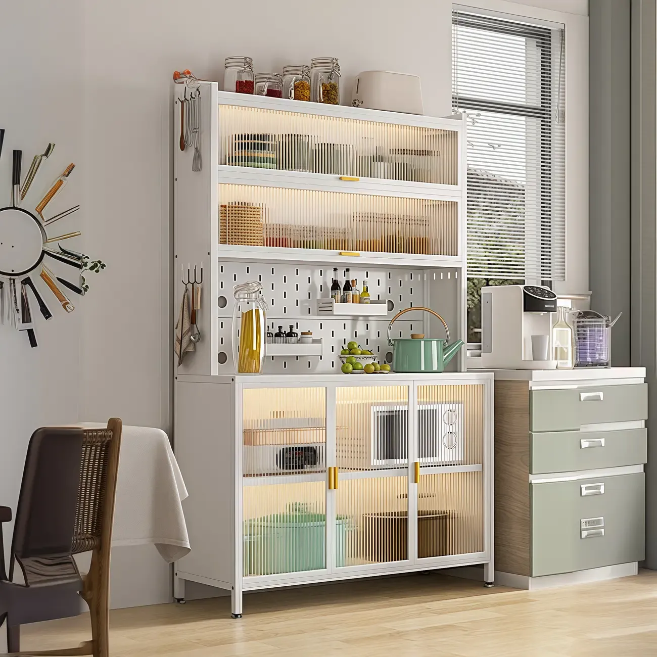 Modern Steel Multi-Shelf Sideboard with Pegboard Back