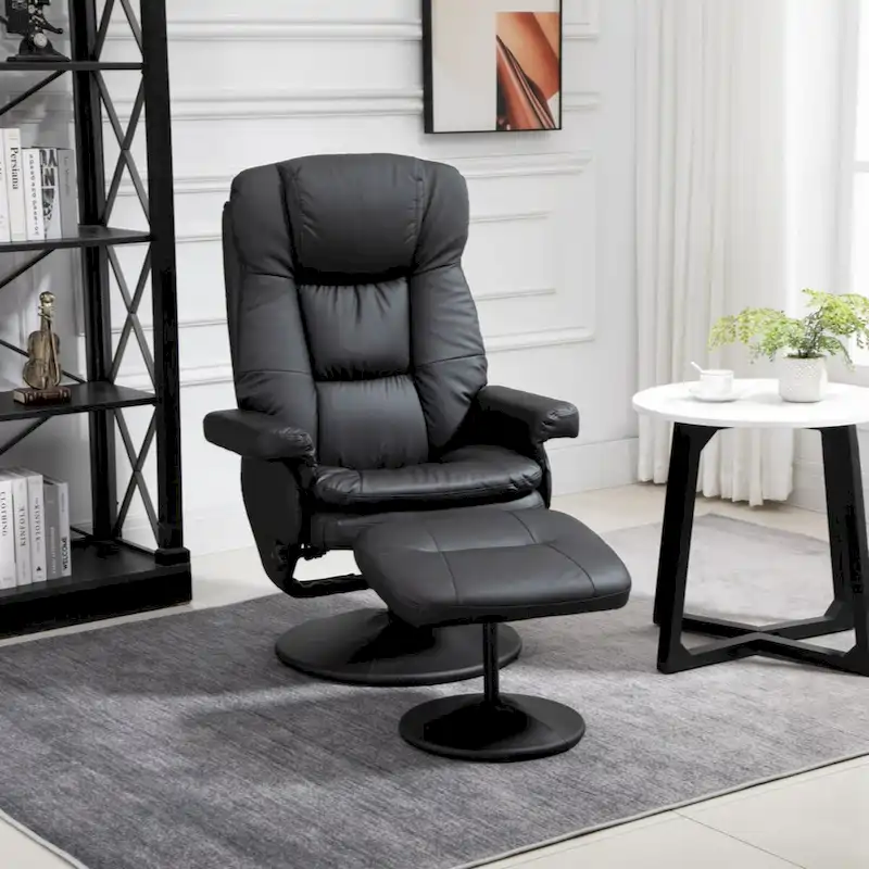 Recliner and Ottoman with Wrapped Base, Swivel PU Leather Reclining Chair with Footrest,Black