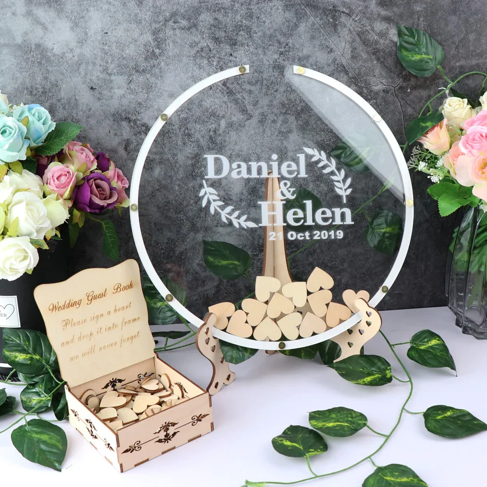 HULIANFU Personalized Acrylic round wedding guest book alternative,Acrylic drop top,Circle wood wedding guest book,wedding name sign, - Deanwangkt