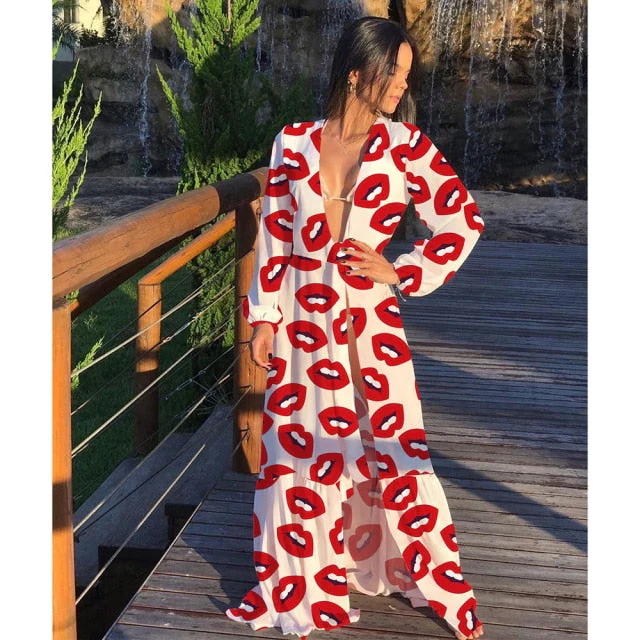 Leaves Print Bikini Beach Cover up Tunics for Beach Long Kaftan Bikini Cover up Robe de Plage Sarong Beach Swimsuit cover-ups - Deanwangkt