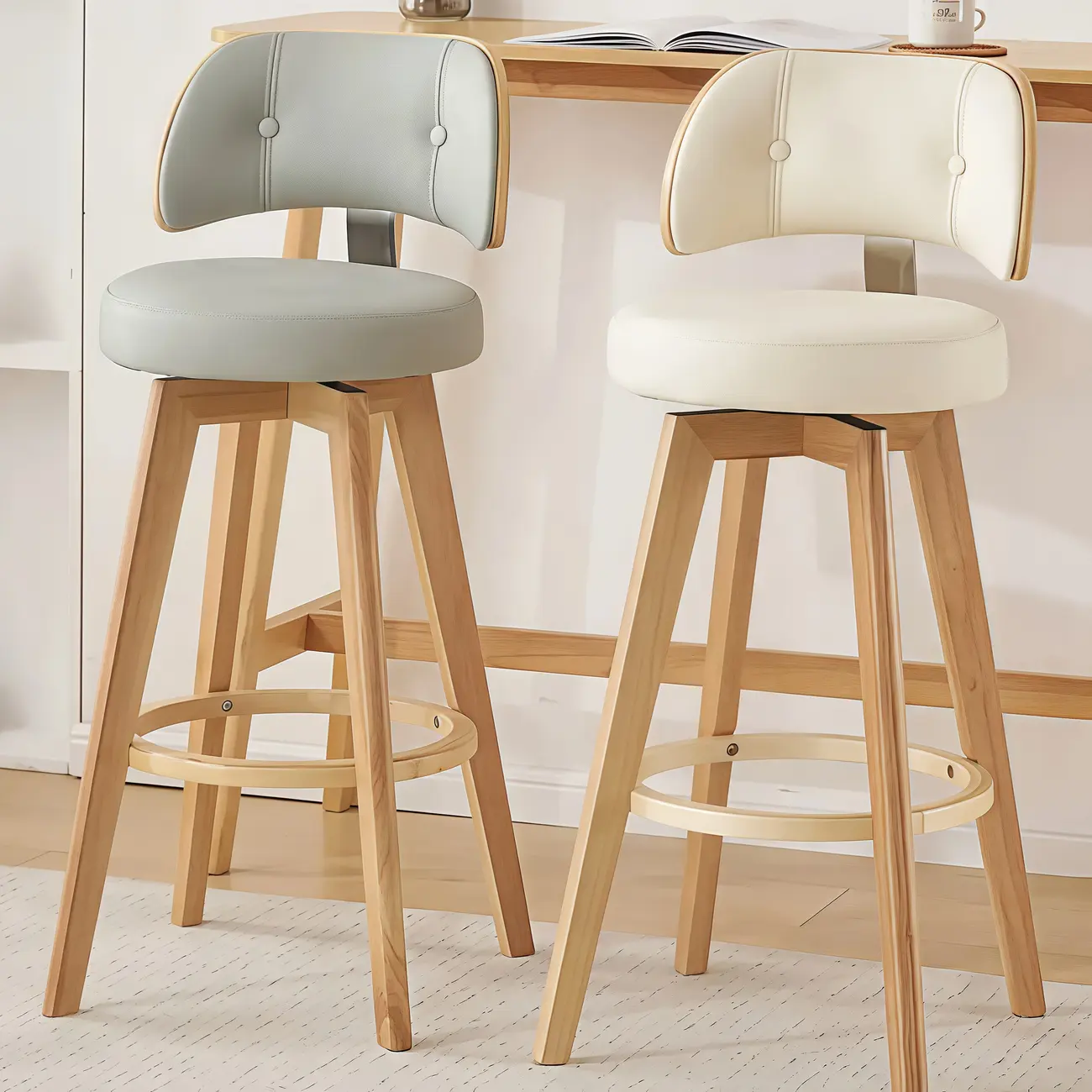 Natural Wood Round Leather Swivel Bar Stools