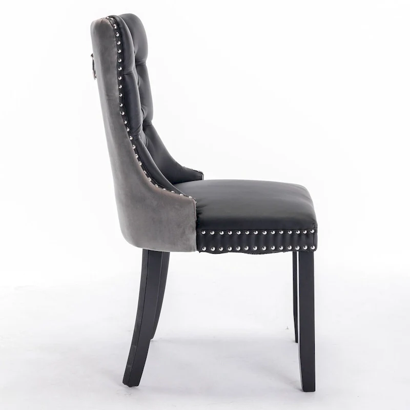 Set of 2 PU and Velvet Upholstered Dining Chairs with Nailhead Trim and Wooden Legs