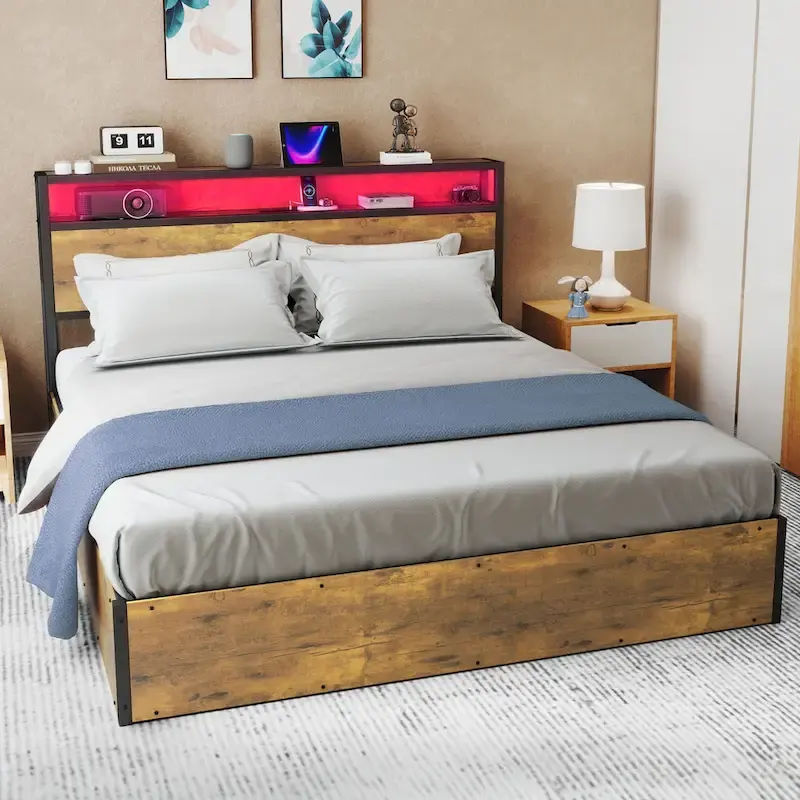 Lift Up Storage Bed LED Platform Bed with Hydraulic Storage System USB Charger