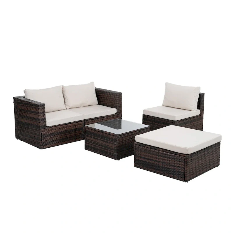 5-Piece PE Rattan Wicker Patio Conversation Set with Cushions