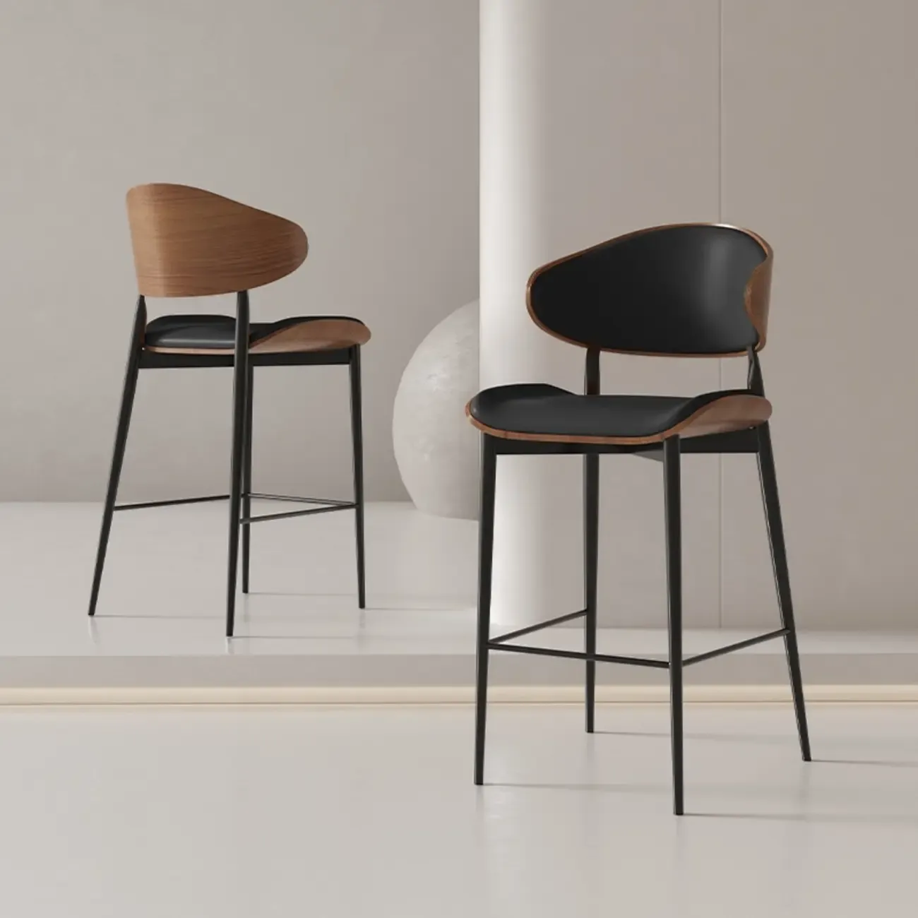 Modern Black Metal Leather Counter Height Bar Stools