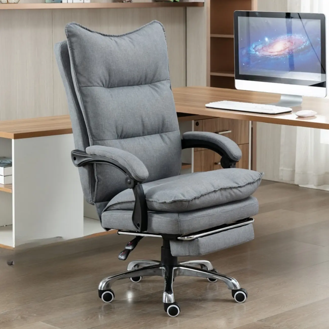 Modern Grey Fabric Office Chair with Footrest