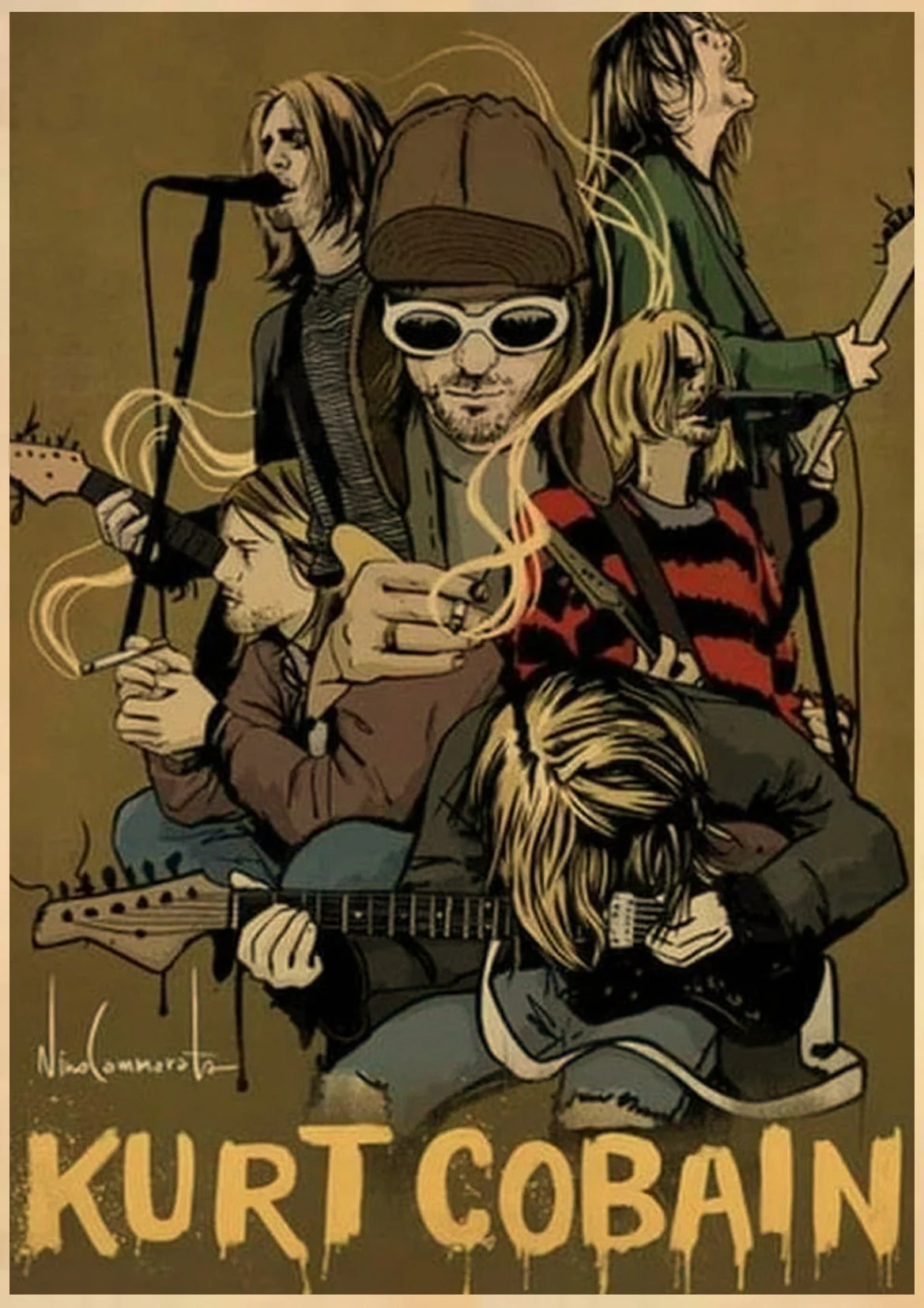 HULIANFU Singer Kurt Cobain Posters Rock and Roll Music Retro Kraft Paper Sticker DIY Vintage Room Bar Cafe Decor Gift Art Wall Paintings - Deanwangkt