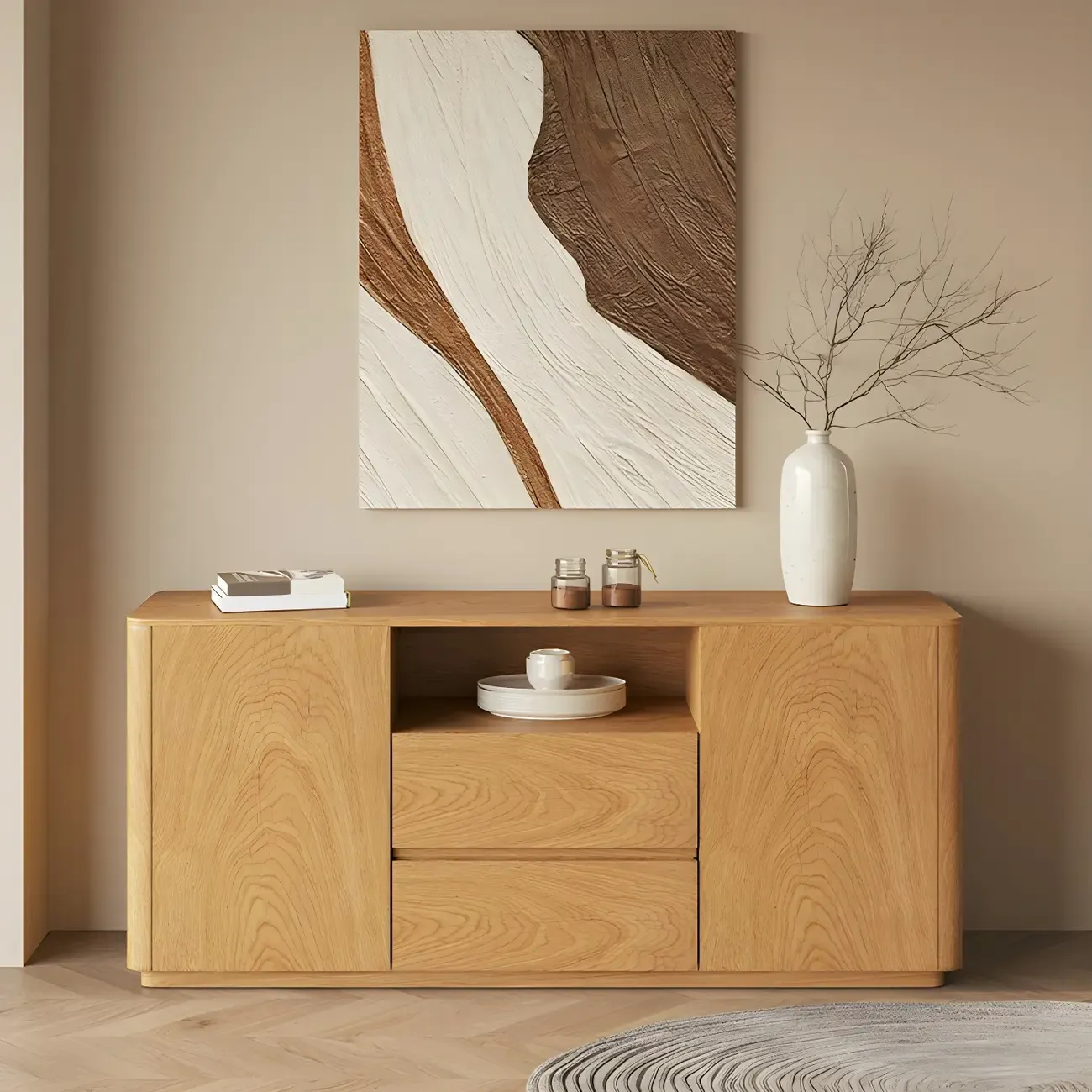 Scandinavian Brown Wooden Sideboard with Open Storage