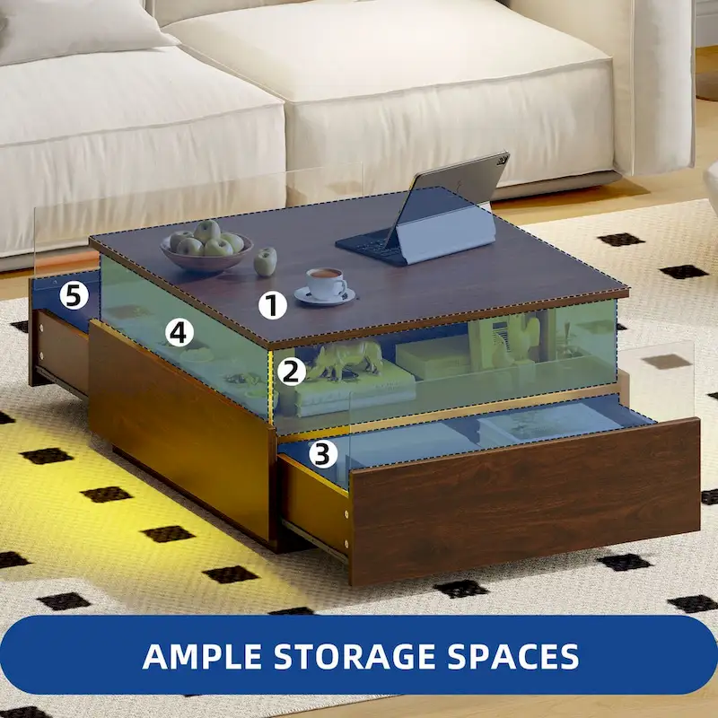 Moasis Modern Square Coffee Table with Drawers & LED Light, Acrylic and Wood Center Table