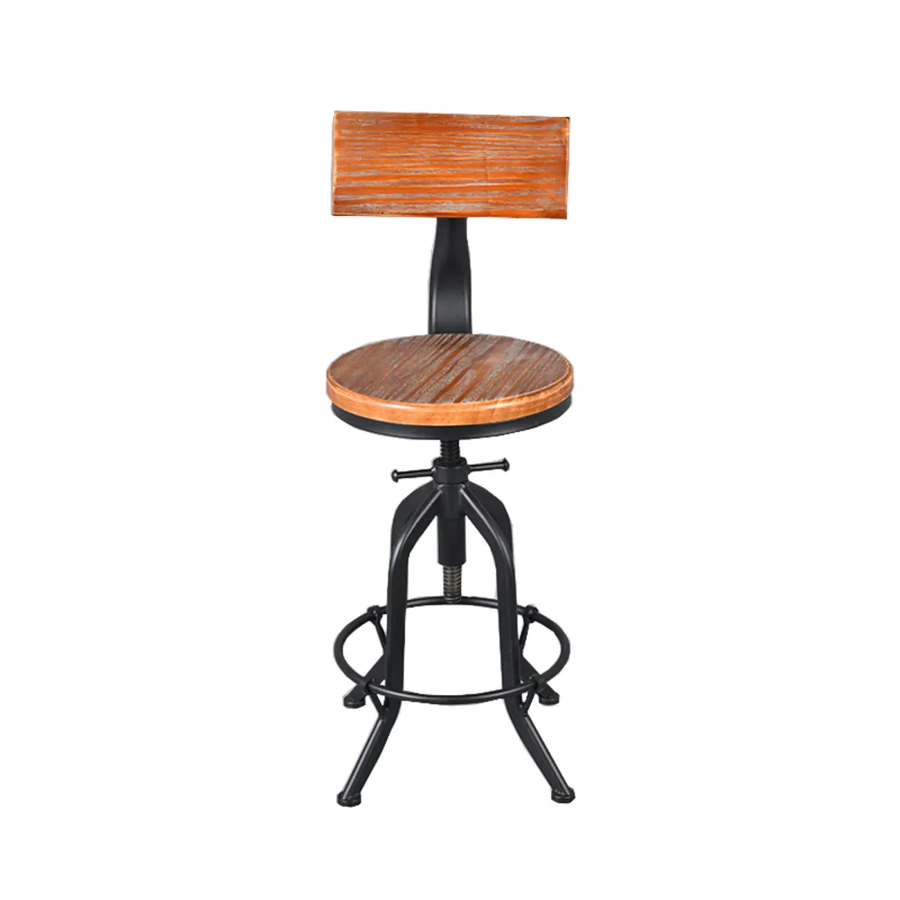 Industrial Round Adjustable Wooden Metal Bar Stools With Backs