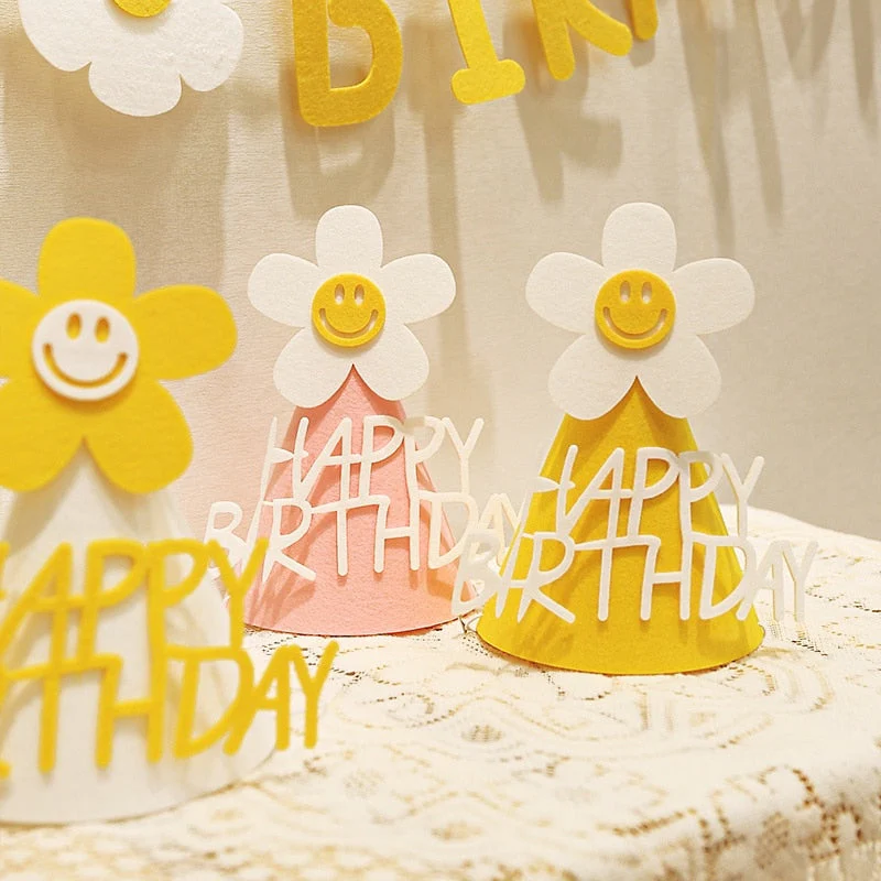HULIANFU ins Kids Yellow Flower Birthday Hat Little Daisy Party Hat Baby Shower Headwear White Happy Birthday Smile Headband - Deanwangkt