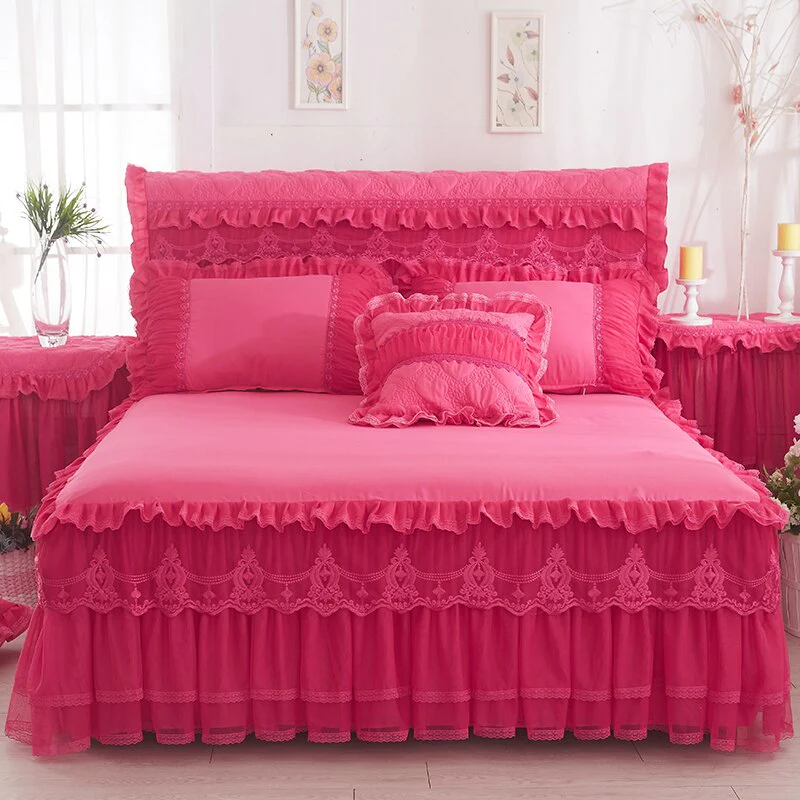 HULIANFU  1 Piece Lace Bed Skirt +2pieces Pillowcases bedding set Princess Bedding Bedspreads sheet Bed For Girl bed Cover King/Queen size - Deanwangkt