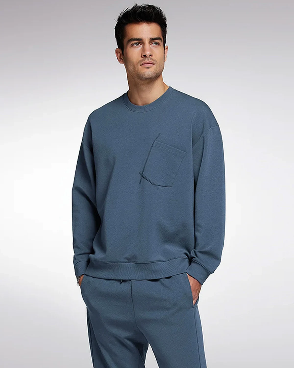 Men's Simple Casual Crewneck Sweatshirt Set, Skin-Friendly Cotton Long-Sleeve and Long-Pants Homewear Pajama Set for Outdoor Wear