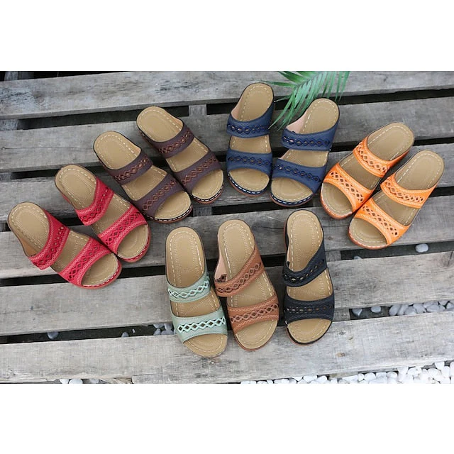 Women's Sandals Slippers Wedge Sandals Comfort Shoes Comfort Sandals Casual Daily Beach Summer Spring Cut Out Embroidery Wedge Heel Round Toe Casual Minimalism Synthetics Loafer Solid Colored Wine - Deanwangkt