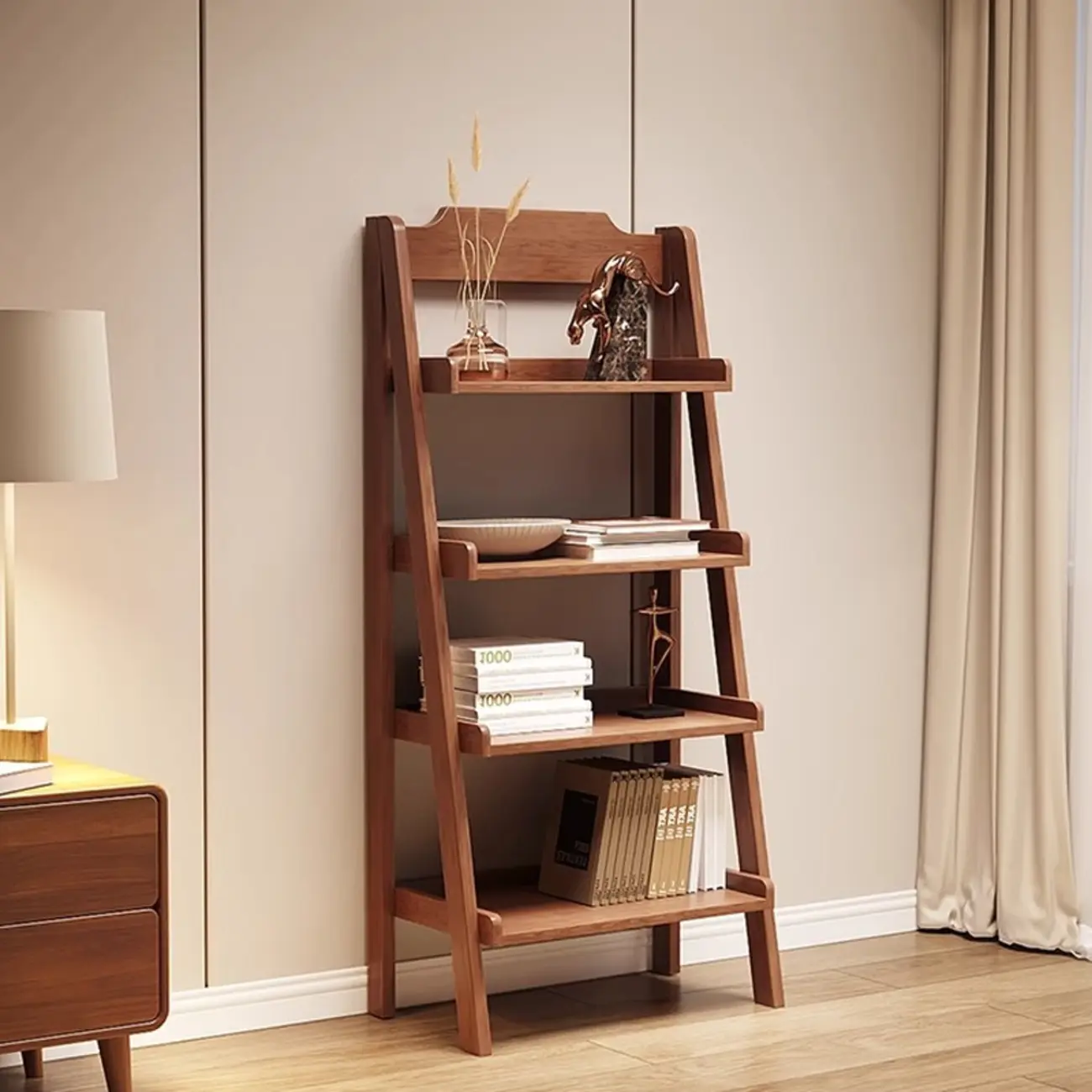 Mid-Century Modern Walnut Wood Multi-tier Ladder Bookshelves