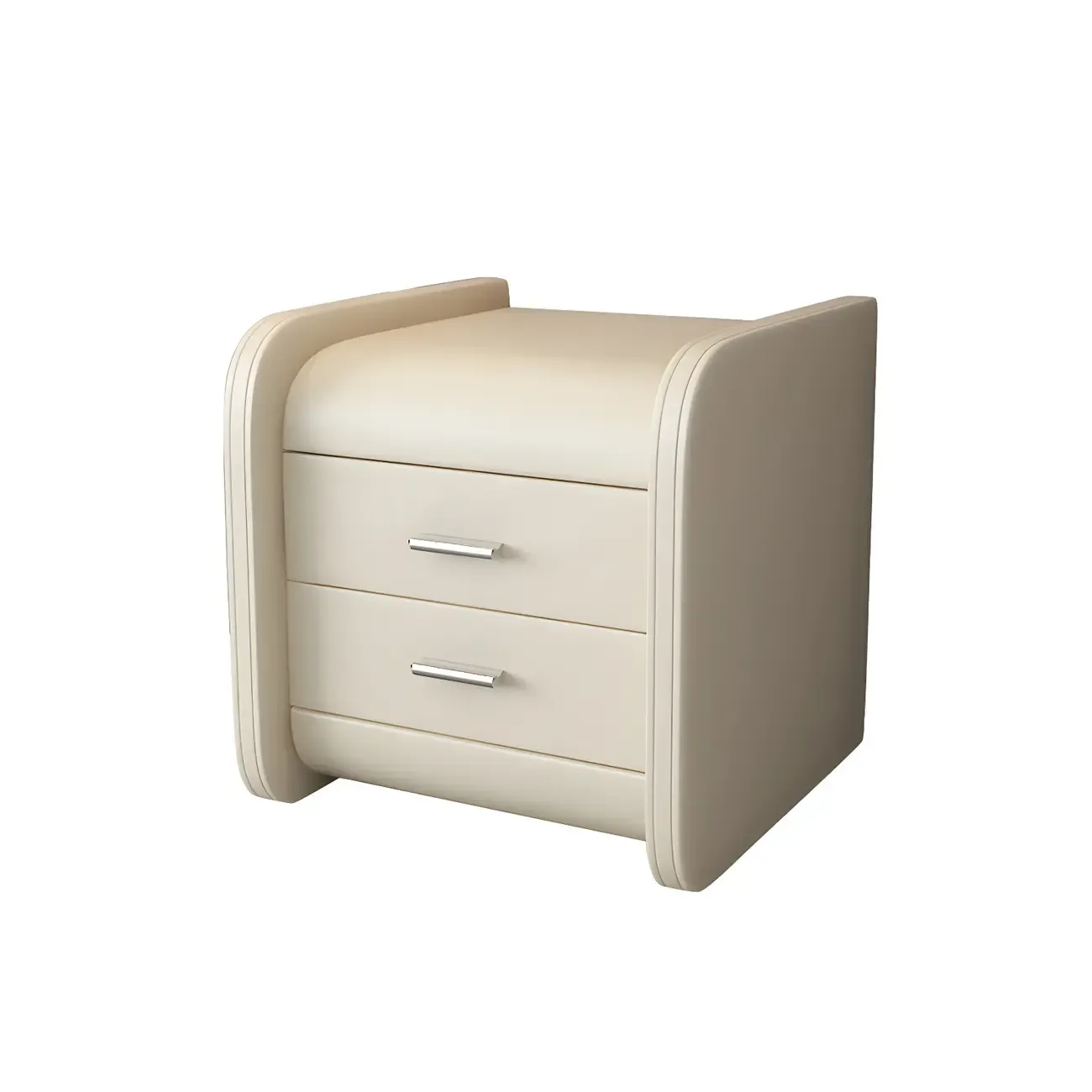 Modern Round Edge Nightstand with 2 Drawers in Beige Leather