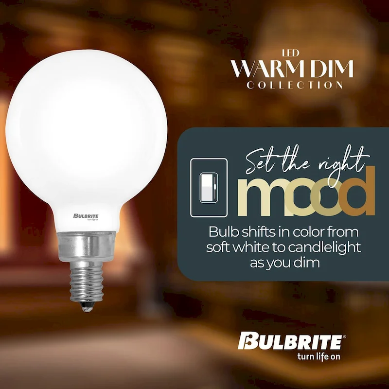 Bulbrite 5 Watt LED G16 Light Bulbs, Warm Dimming 3000K (Soft White) - 1800K (Candlelight), 500 Lumens, (4 Pack) - Pack of 4