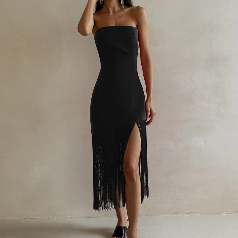 hulianfu Summer Fashion Black Tassel Sexy Tube Top Dress Outfits Women Elegant Evening Party Club Slit Bodycon Mini Dresses  Clothes - Deanwangkt