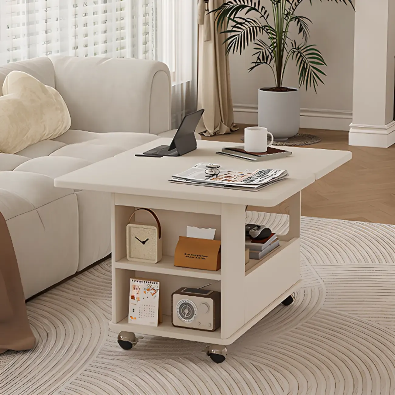 Adjustable Tabletop Modern Wood Side Table with Wheels