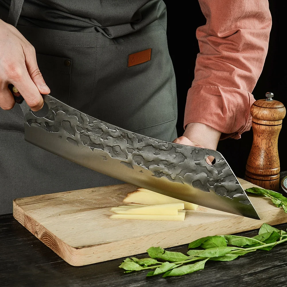 HULIANFU Sowoll Kitchen Knife High Carbon Steel 12.5 Inch Long Chef Knife Forged Vegetable Cooking Cleaver Cutting Slicer Meat Knife Tool - Deanwangkt