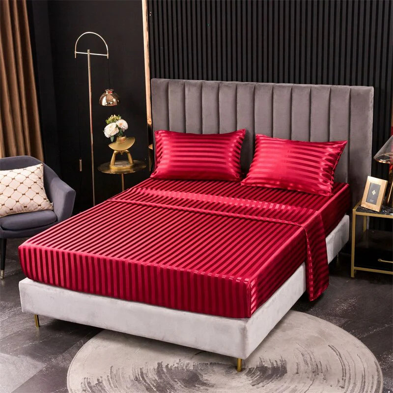 HULIANFU Luxury Jacquard Satin Stripe Silk Bed Sheet Set King Size High End Soft Smooth Queen Fitted Sheets with Elastic Band Bedsheet - Deanwangkt
