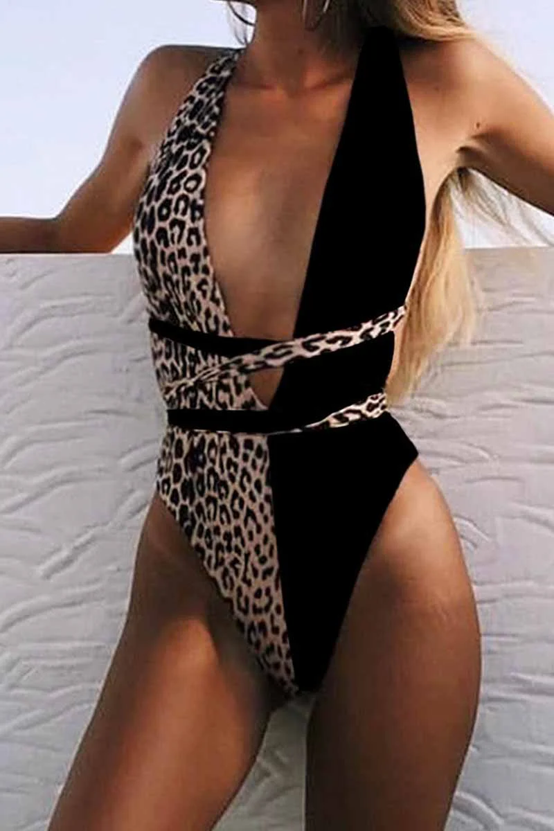 hulianfu One Piece Leopard Print Hollow Strap Swimsuit - Deanwangkt