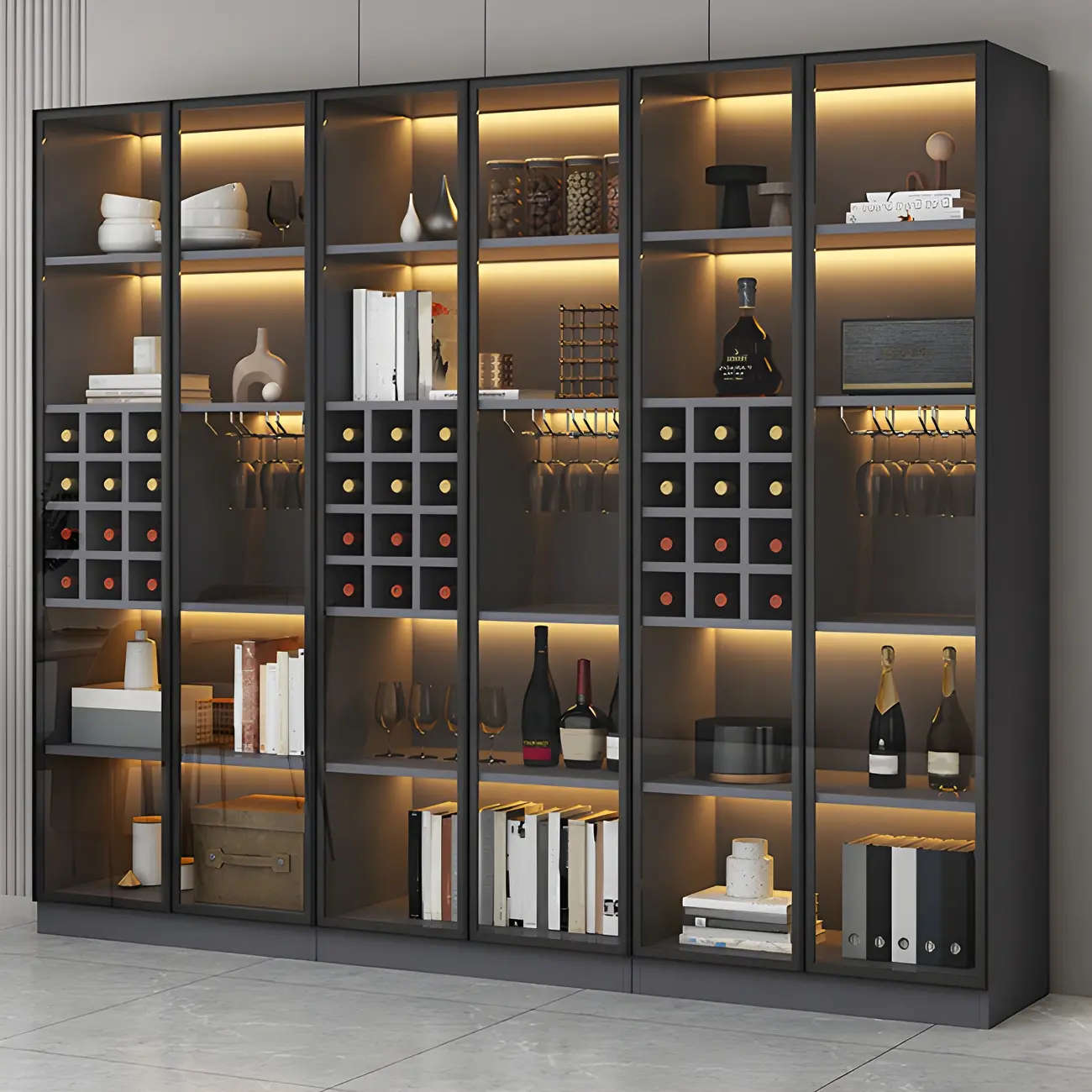 Lighting Modern Freestanding Black Wooden Wine Cabinet