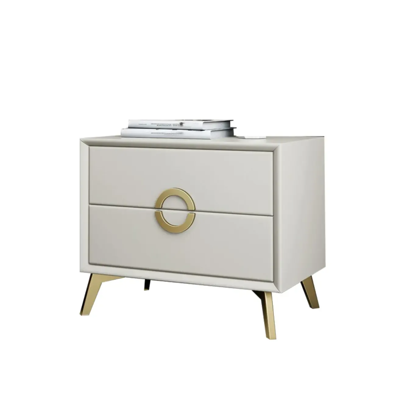Chic Khaki Leather Gold Accents 2-Drawer Nightstand
