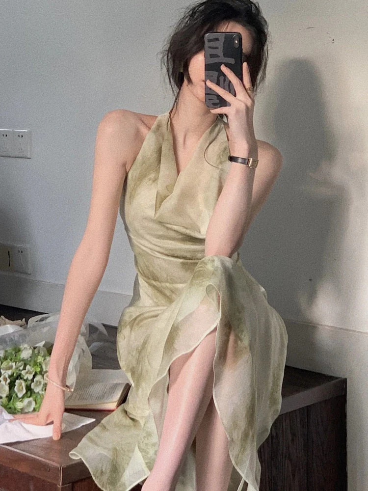 Hulianfu Vintage Sexy Sleeveless Neck-mounted Party Maxi Dresses for Women Halter Spaghetti Strap Folds Midi Dress Elegant Fashion Summer - Deanwangkt