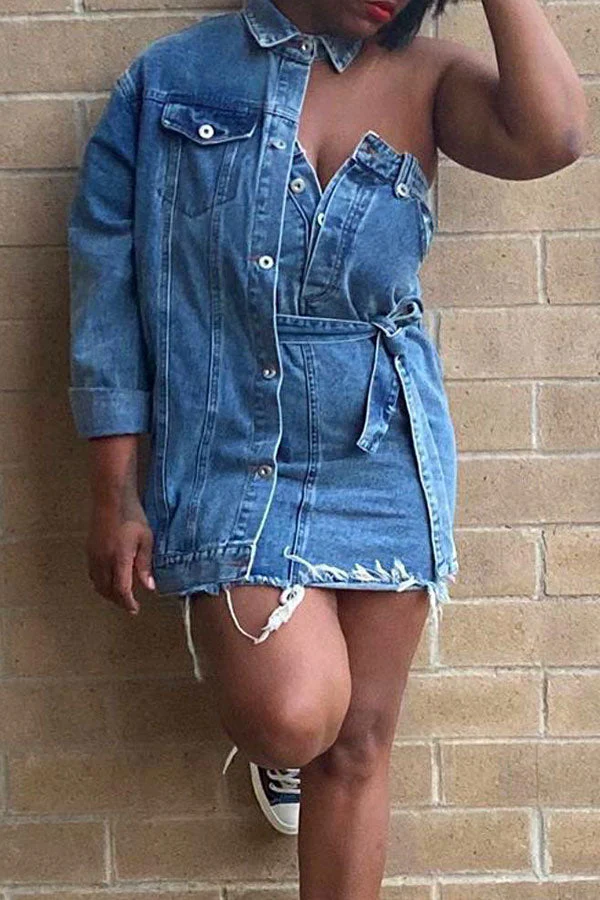 Solid Color Chic Asymmetric Lace-Up Denim Mini Dress - Deanwangkt