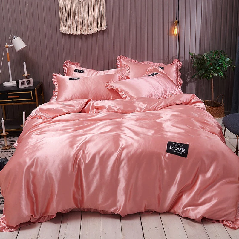 HULIANFU Pure Satin Silk Bedding Set Lace Luxury Duvet Cover Set Single Double Queen King Size 240x220 Couple Quilt Covers White Gray Red - Deanwangkt