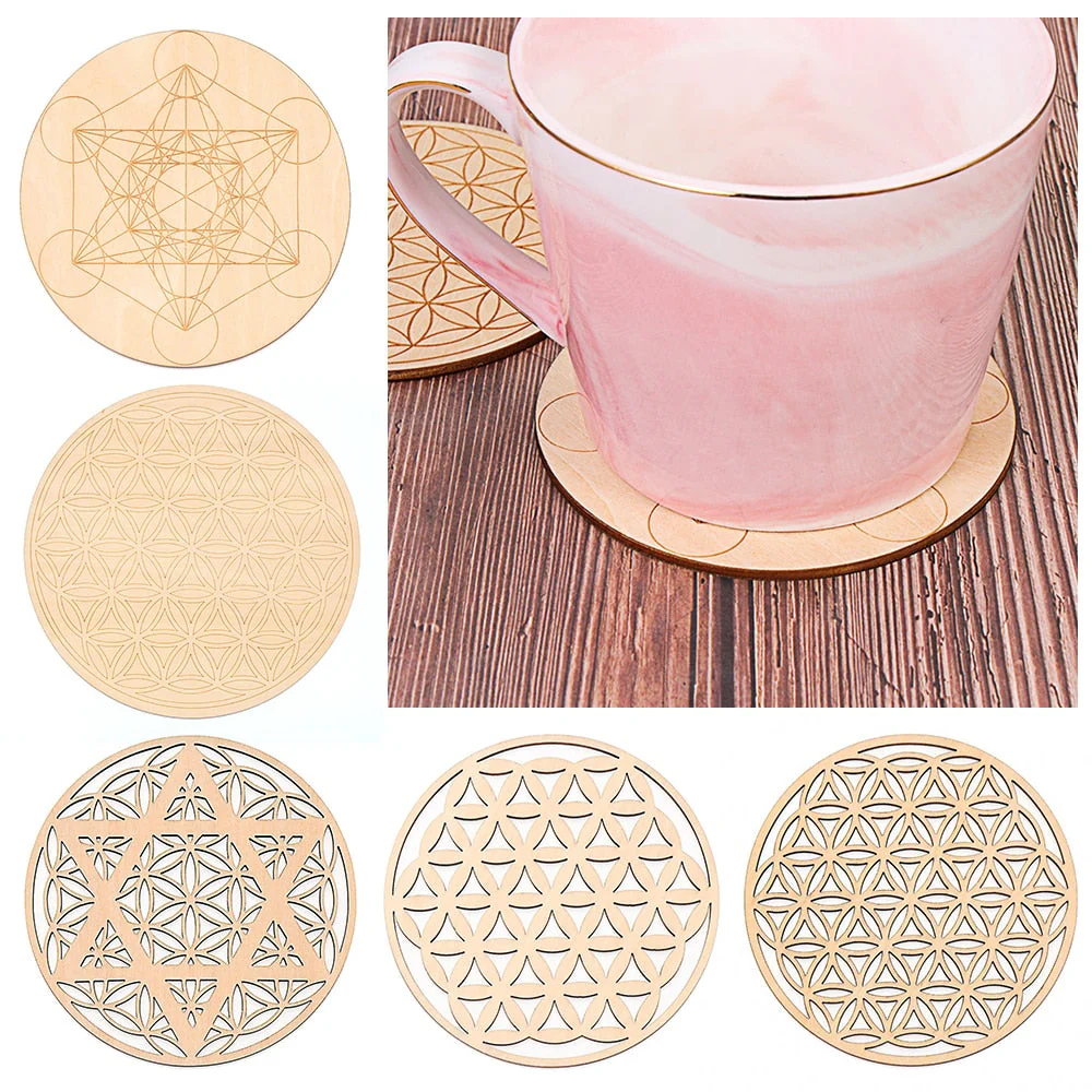 HULIANFU Log Color Chakra Pattern Round Edge Circles Carved Wooden Stand Coaster Flower of life Reload Stone Kitchen Hot Pad Mat Decor - Deanwangkt