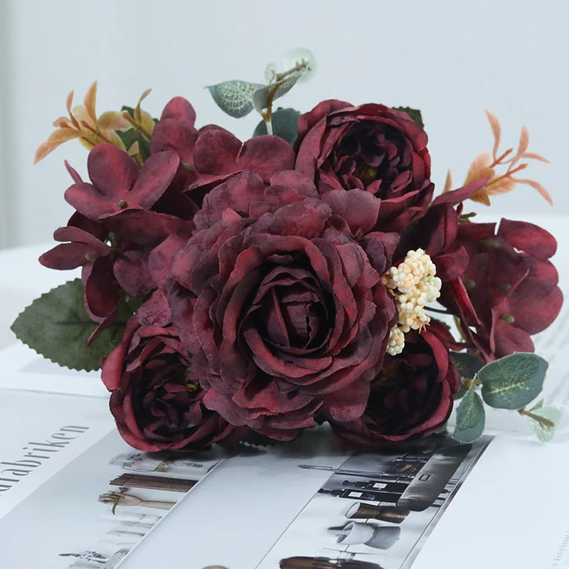 HULIANFU 2026  Beautiful Hydrangea Roses Artificial Flowers for Home Wedding Decorations High Quality Autumn Bouquet Mousse Peony Fake Flower - Deanwangkt