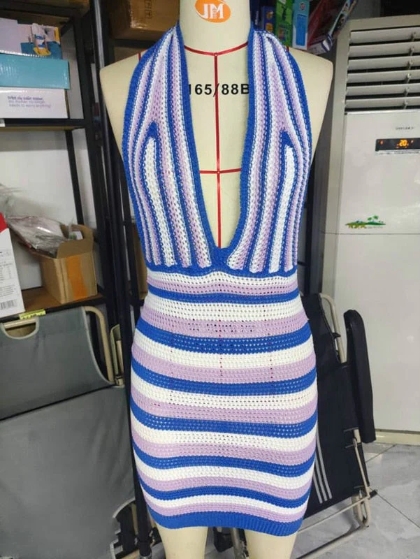 Hulianfu Sexy Women Knitted Bodycon Dresses Y2K Elegant Lady Chic Women Sleeveless Sleeveless Halter Bandage Dress Beach Vacation Clothes - Deanwangkt
