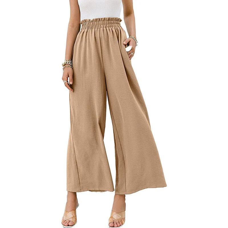 Hulianfu Autumn Summer Fashion Cotton Linen Pants Women Solid Fungus Edge High Waist Women's Trousers Wide Leg Casual Pants - Deanwangkt