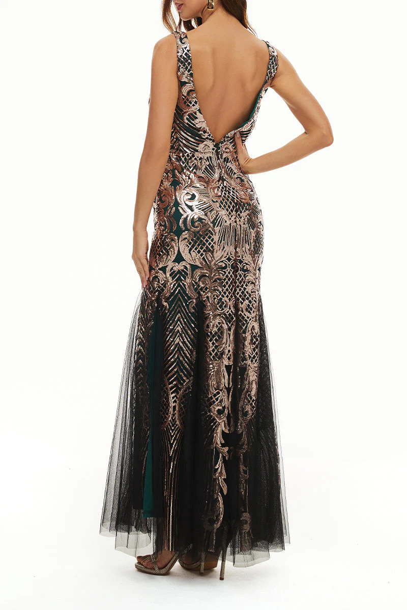 hulianfu Elegant College Patchwork Sequins V Neck Evening Dress Dresses - Deanwangkt