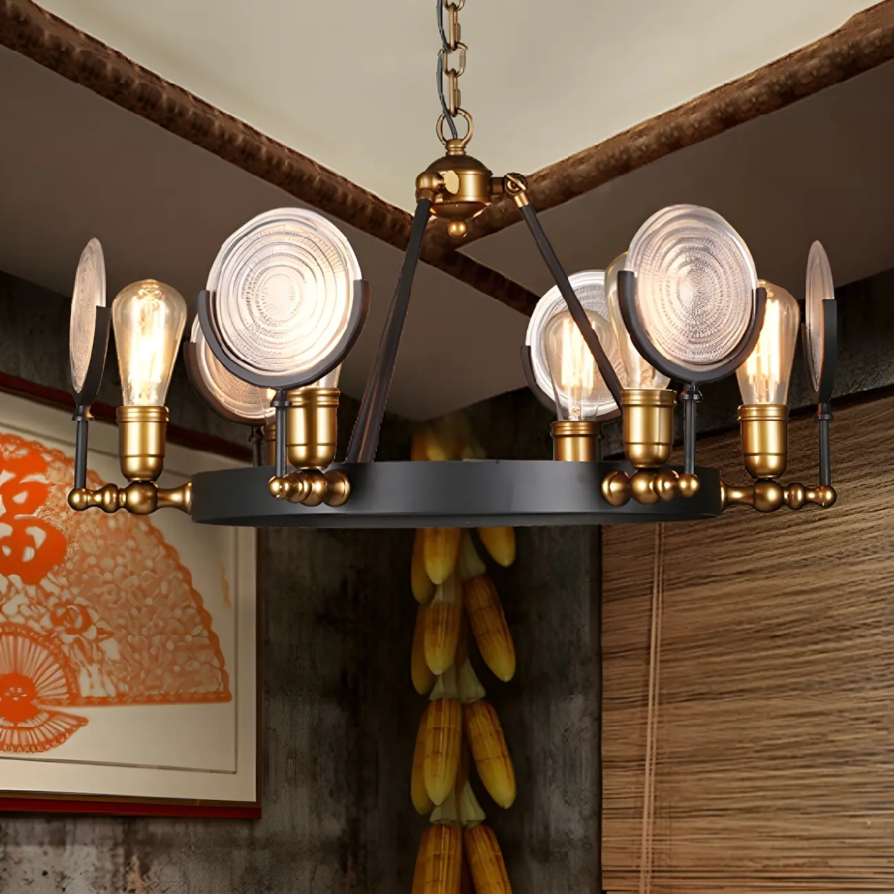 Grid Glass Lens Chandelier Lamp Vintage 6/9/12 Lights Restaurant Hanging Light Kit in Black