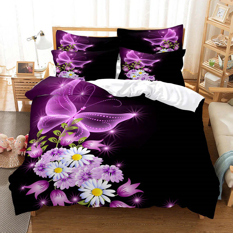 HULIANFU Purple Bedding Set Linens Duvet Cover Bed Quilt Pillow Case 3D Comforter Lavender Butterfly Double Full King Queen Twin Single - Deanwangkt