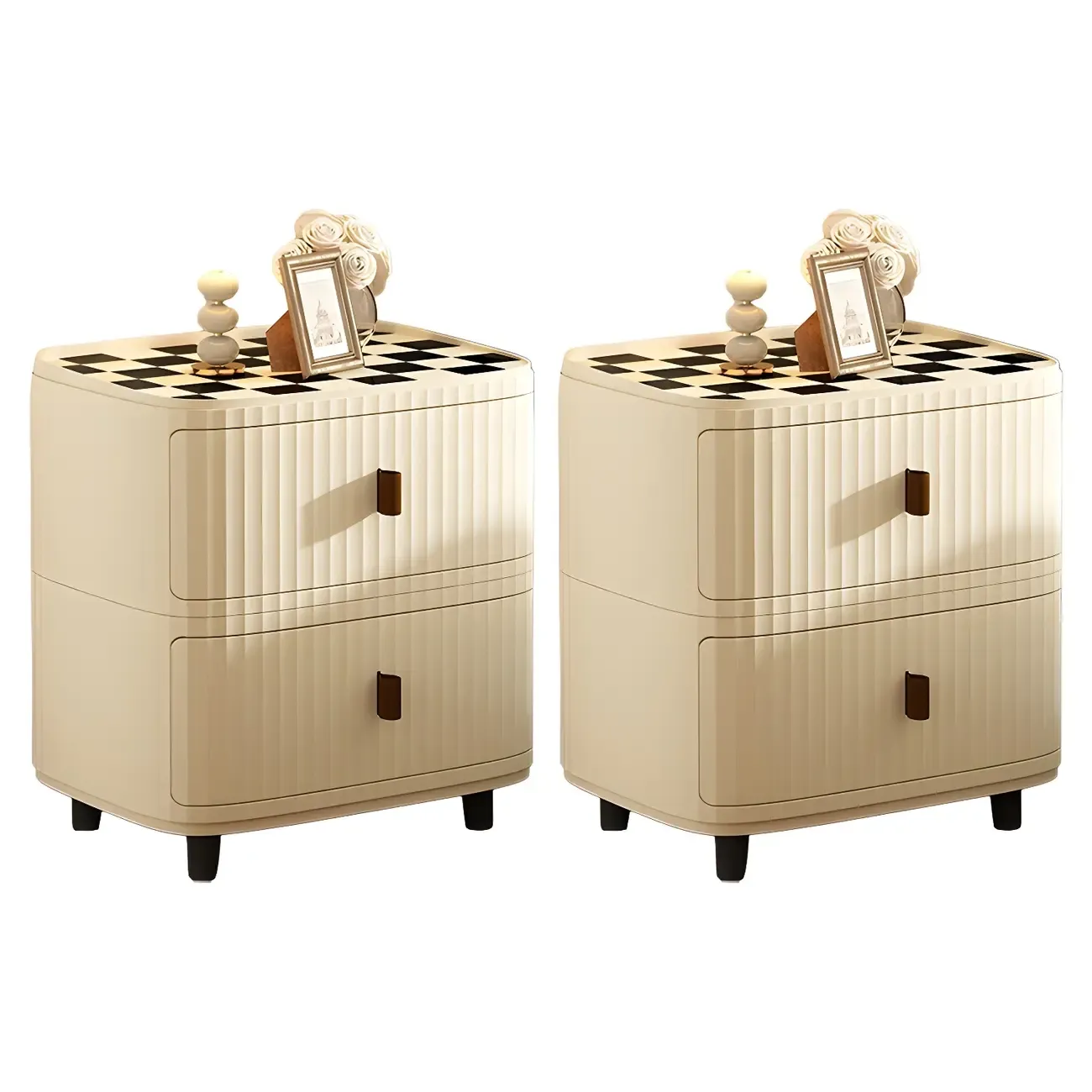 Modern Black And White Grid Top Nightstands with Drawers