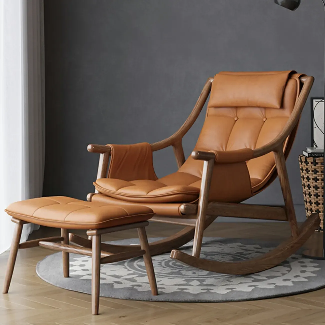 Modern Wood Nappa Upholstered Rocking Chair with Footstool