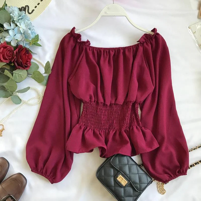 Hulianfu Youth Elegant Blouse Women Chiffon Fashion Blouse Off Shoulder White Shirt Ruffle Puff Sleeve Top Office wear - Deanwangkt
