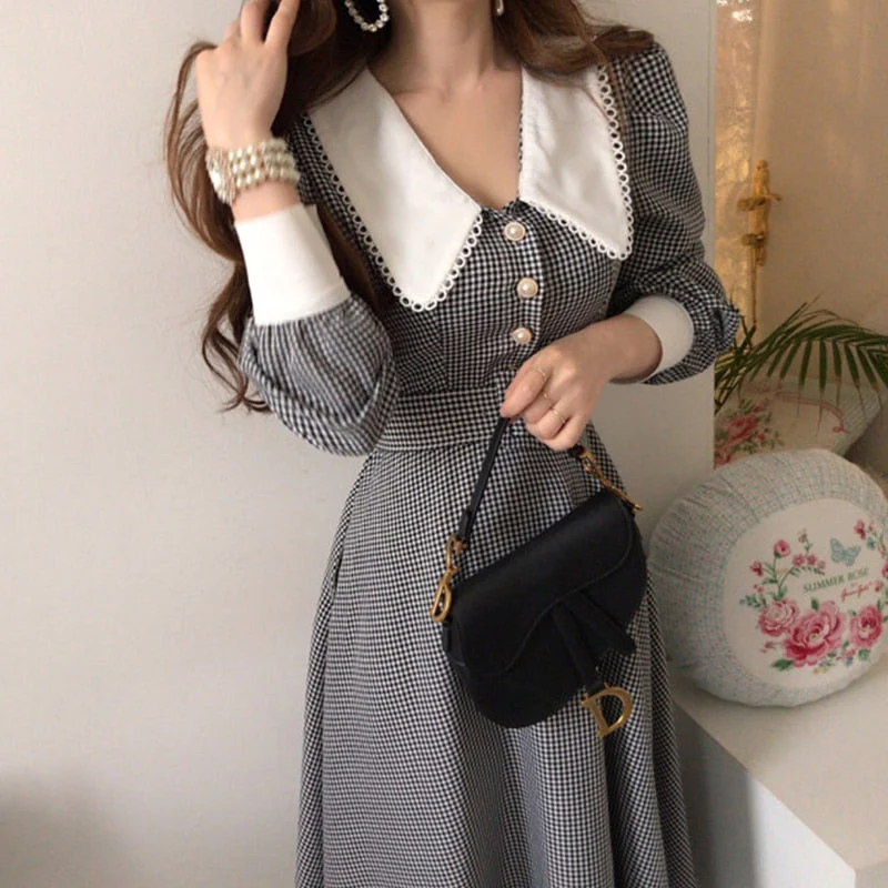 Hulianfu Vintage Lace Plaid Chic Puff Sleeve Woman Dresses Women Korean Temperament Office Lady Lapel Robe Slim Waist Long Sleeve Dress - Deanwangkt