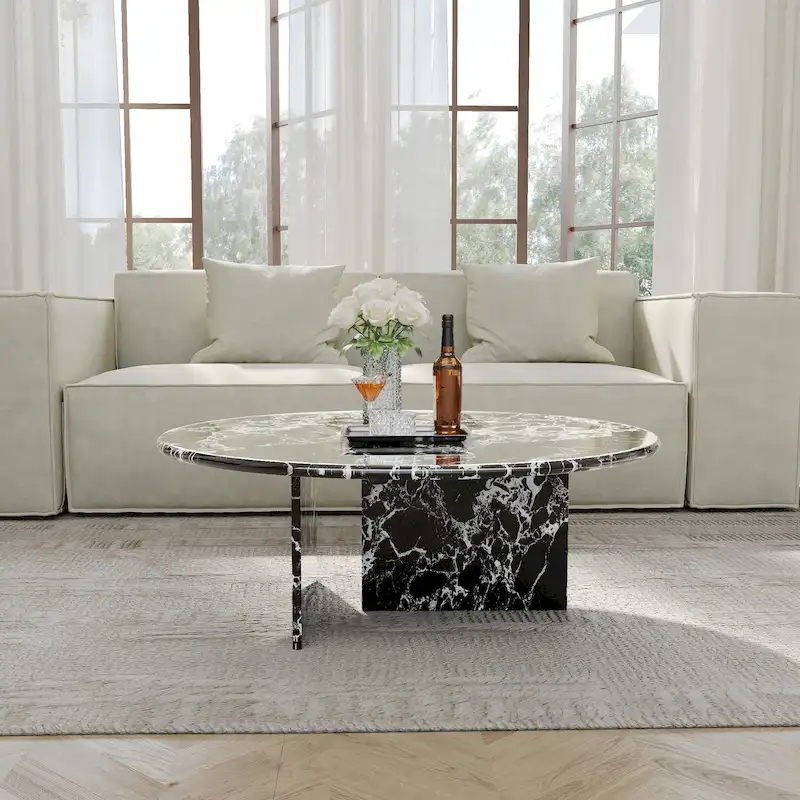 35.43Modern Round Coffee Table,Glossy Faux Marble Table top