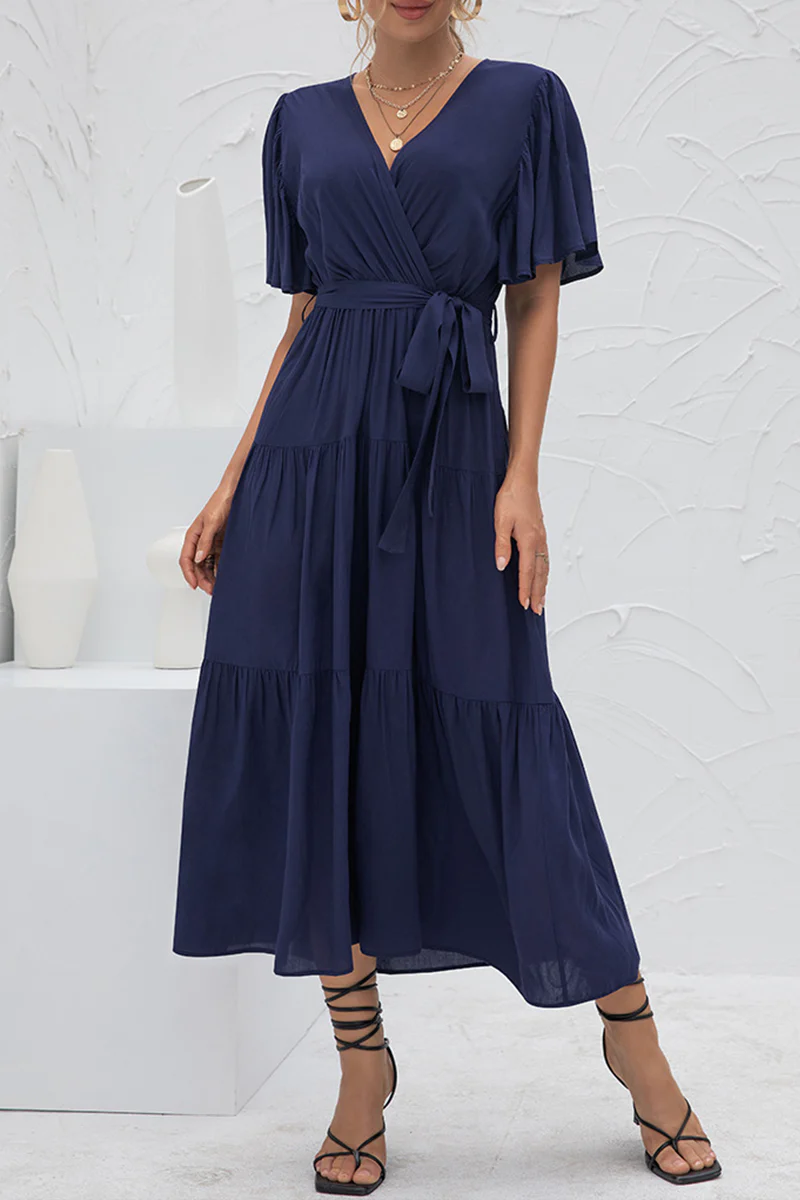 hulianfu Elegant Solid Patchwork With Belt V Neck Cake Skirt Dresses - Deanwangkt