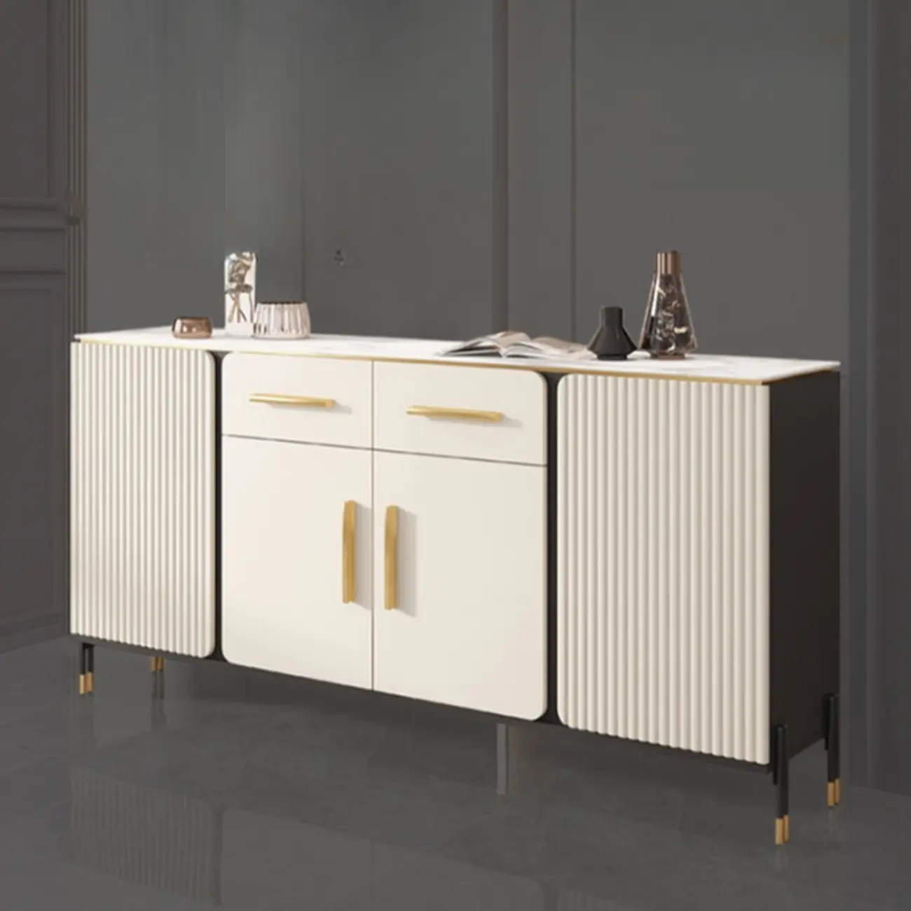 Glam White Sideboard with Stone Top and Drawers